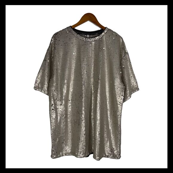 Free People Silver Sequin Mini Dress Size Large Oversized Tunic Party Holiday - Picture 1 of 11